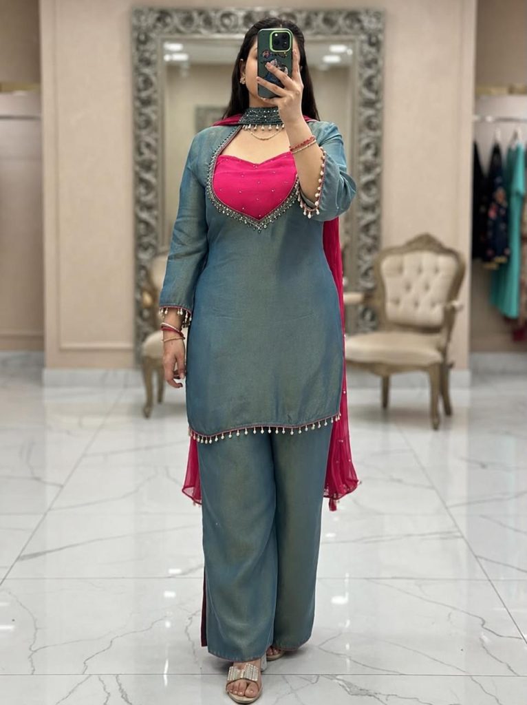 Women's Roman Glass Silk Mirror Work Kurta Palazzo Set with Fendy Silk Dupatta