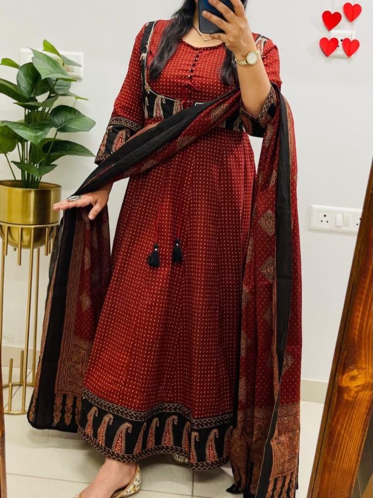 Women's Jaipuri Cotton Ajrakh Print Anarkali Suit Set with Pant & Dupatta
