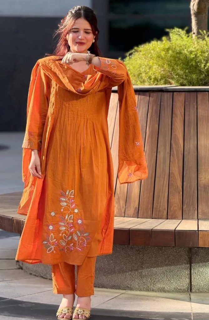 Women's Madhavi Pure Cotton 60x60 Suit Set with Embroidered Dupatta & Handwork Neck