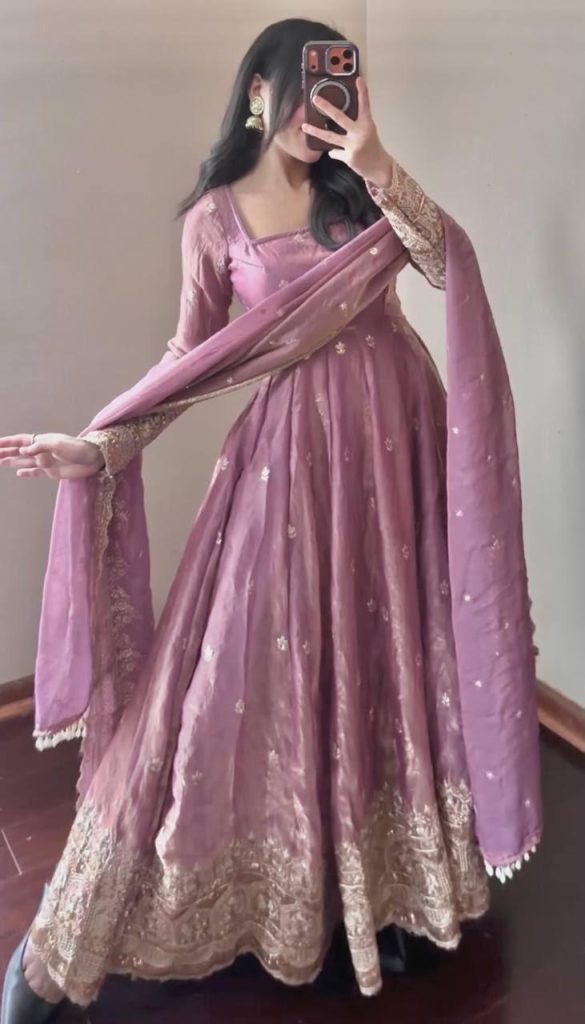 Women's Fendy Silk Embroidered Party Wear Gown Set with Pant & Dupatta