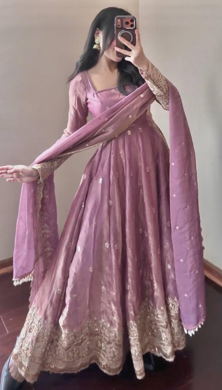 Women's Fendy Silk Embroidered Party Wear Gown Set with Pant & Dupatta