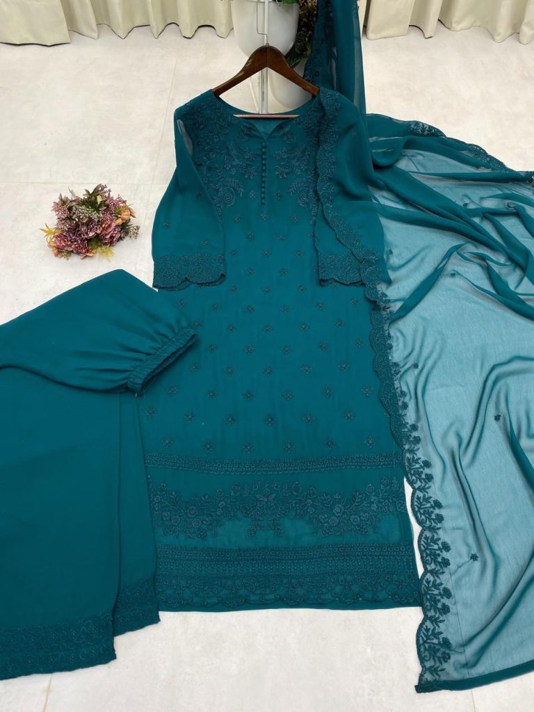 Women's Georgette Embroidered Kurta Pant Set with Embroidered Dupatta