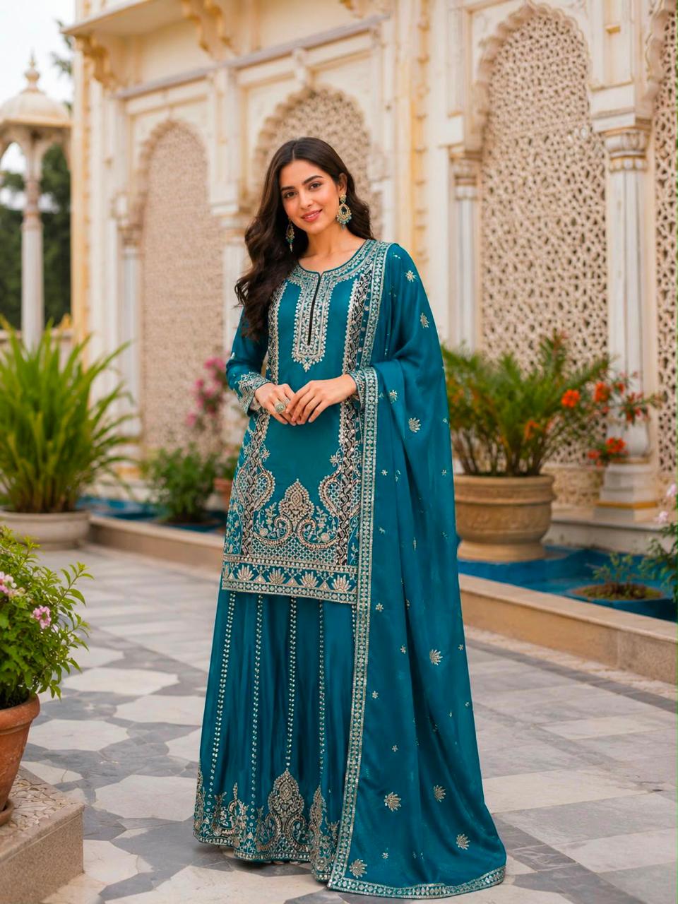 Designer Pure Chinon Silk Kurti Palazzo Set with Embroidered Dupatta for Women - Image 3