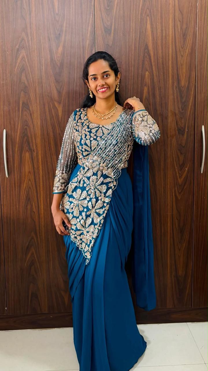 Ready to Wear Faux Georgette Saree with Semi Beads Embroidered Blouse - Image 4