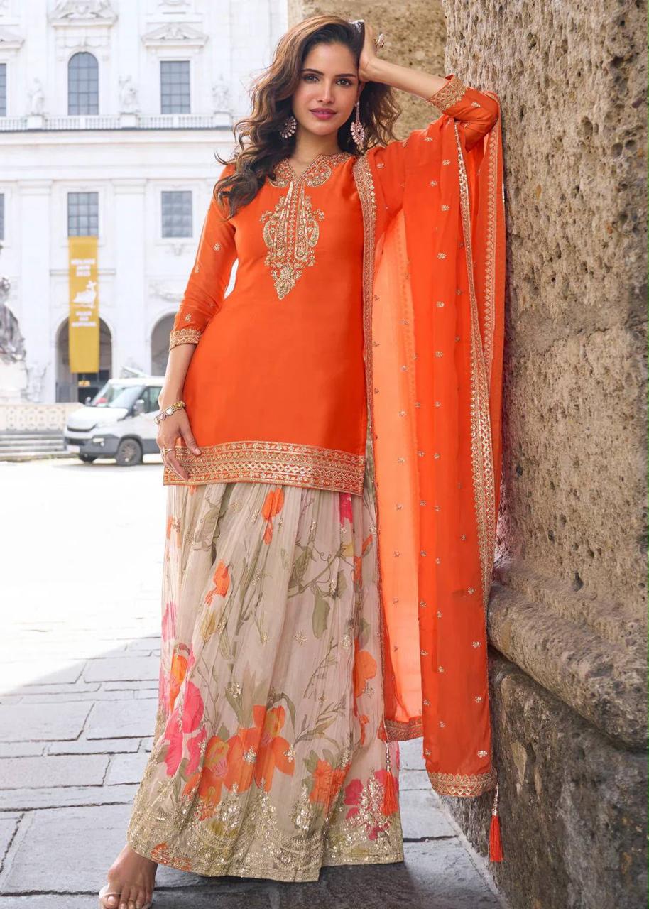Designer Chinon Silk Sharara Suit Set with Embroidered Dupatta for Women
