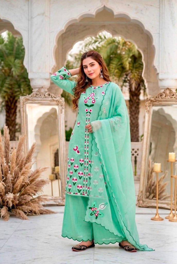 Women's Heavy Vertical Embroidered Kurti Palazzo Set with Soft Organza Dupatta