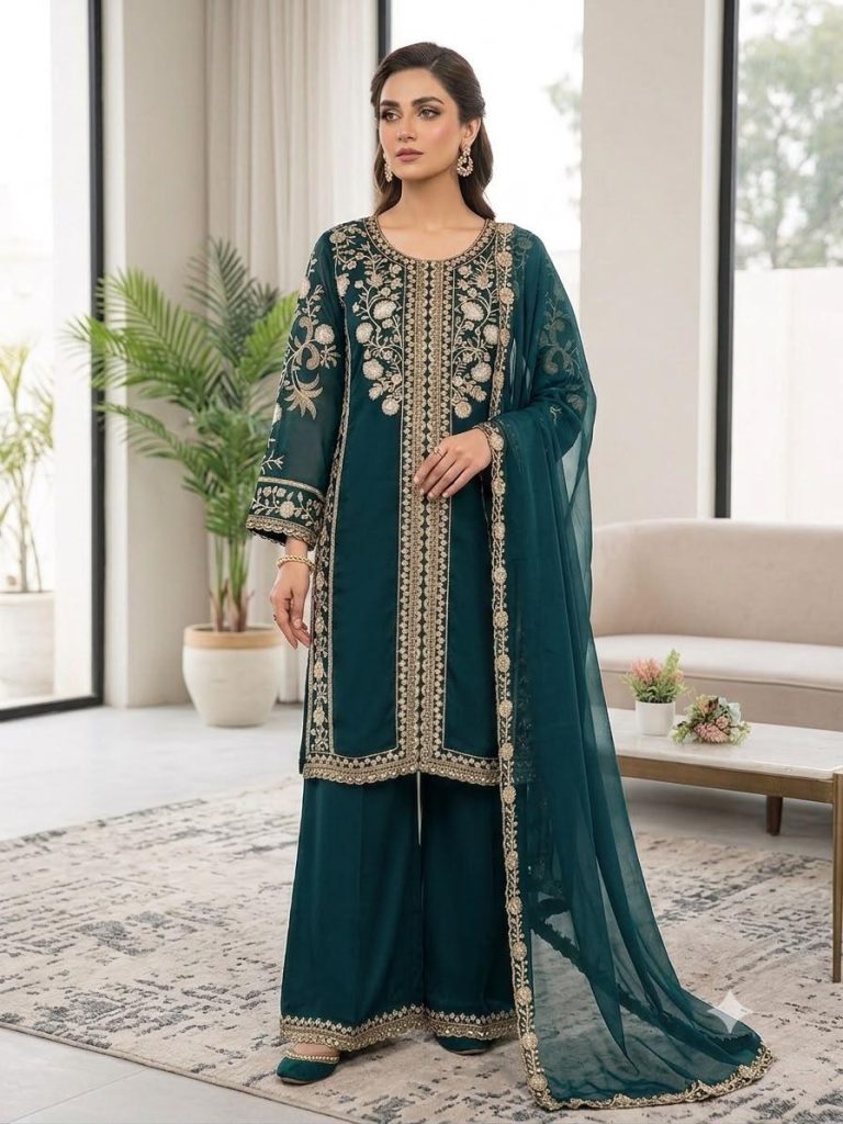 Women's Roman Fabric Sequence Embroidered Kurti Palazzo Set with Soft Organza Dupatta |