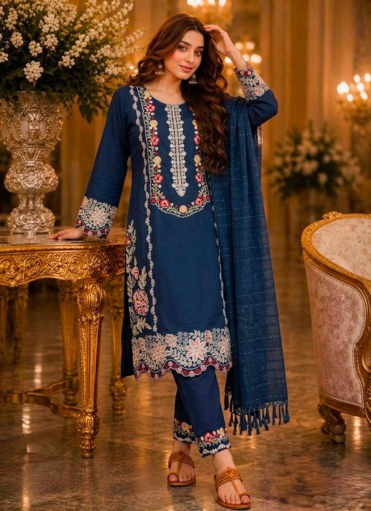 Women's Pure Satin Rayon Embroidered Kurti Pant Set with Viscose Dupatta