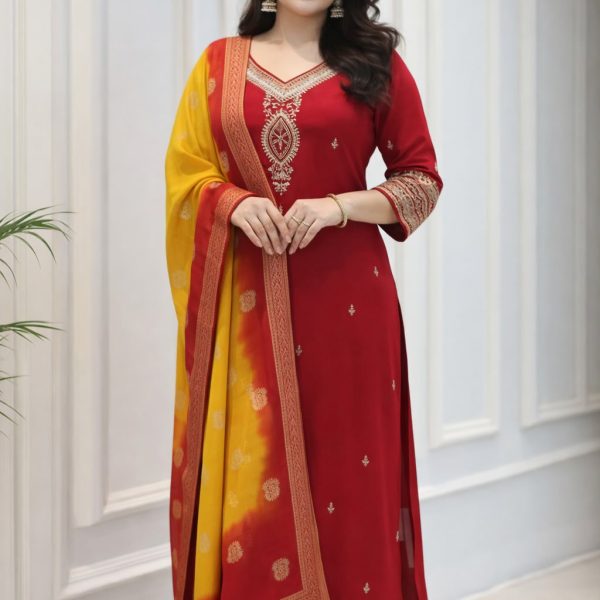 Women's Pure Berry Silk Embroidered Kurti Pant Set with Kanjivaram Silk Dupatta