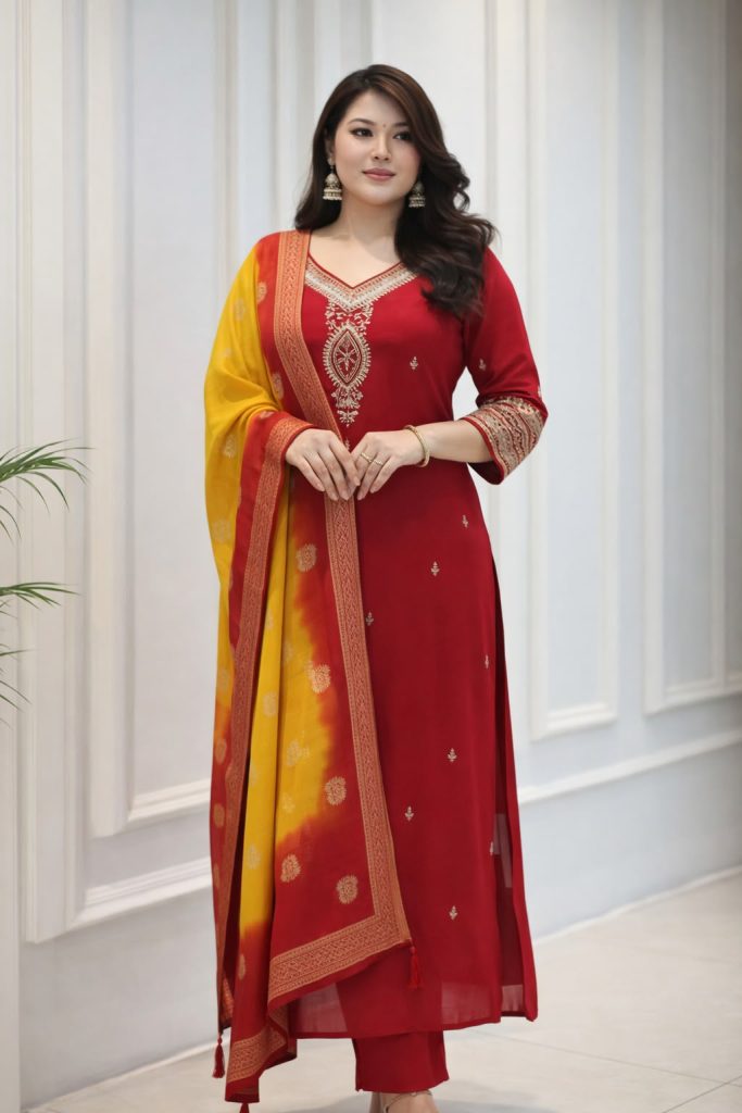 Women's Pure Berry Silk Embroidered Kurti Pant Set with Kanjivaram Silk Dupatta