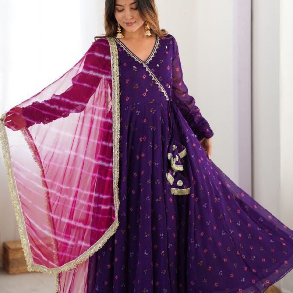 Women's Alfino Chiffon Handwork Anarkali Dress with Leheriya Dupatta