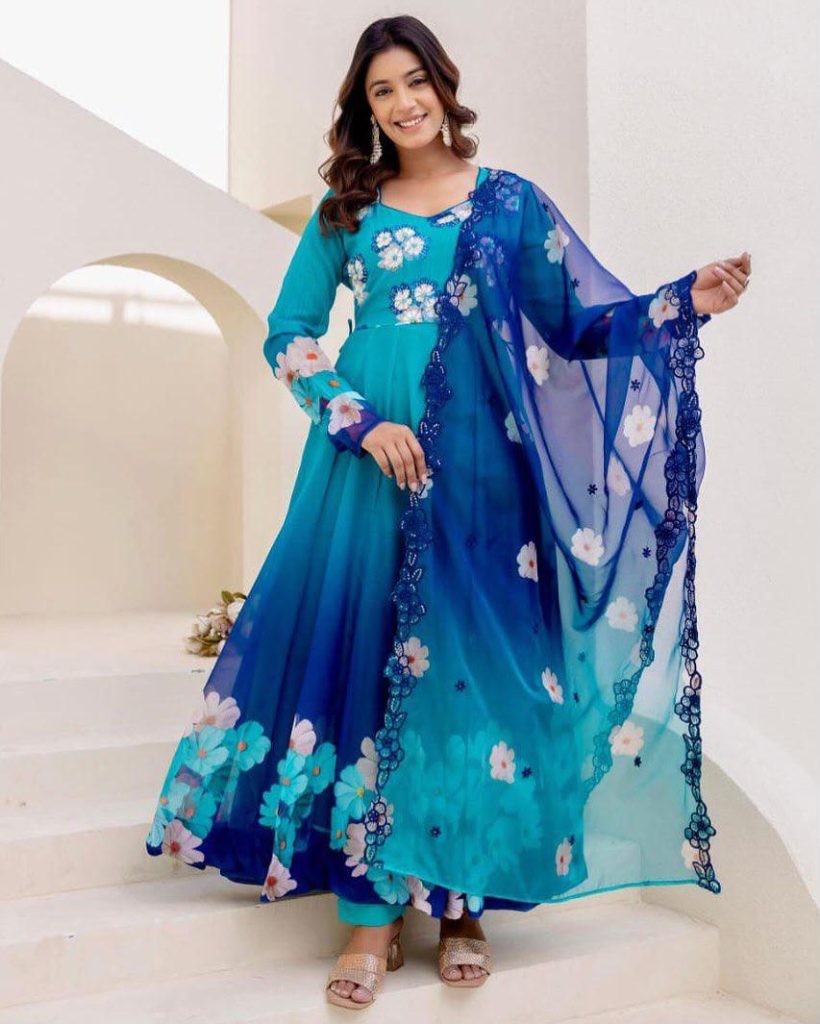 Women's Tebby Organza Embroidered Gown with Pant & Organza Dupatta