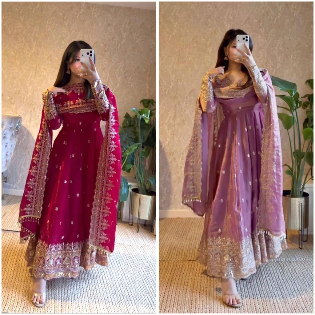 Women's Fandy Satin Silk Embroidered Gown with Pant & Dupatta Set