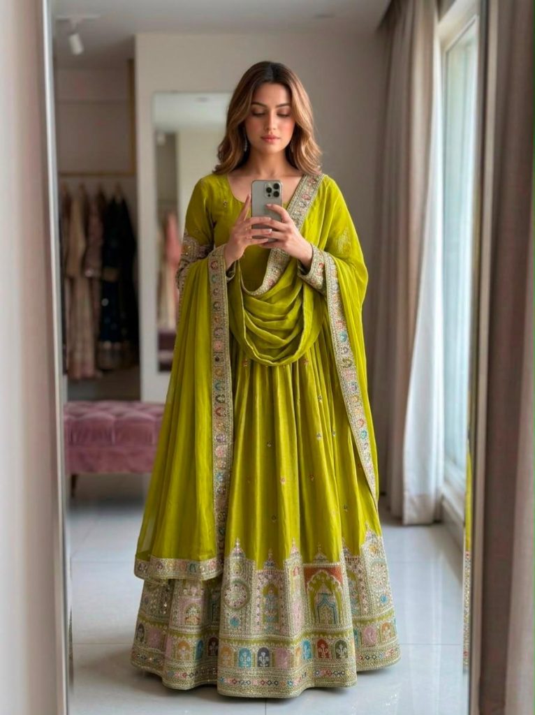 Women's Pure Chinon Silk Embroidered Gown with Pant & Dupatta Set
