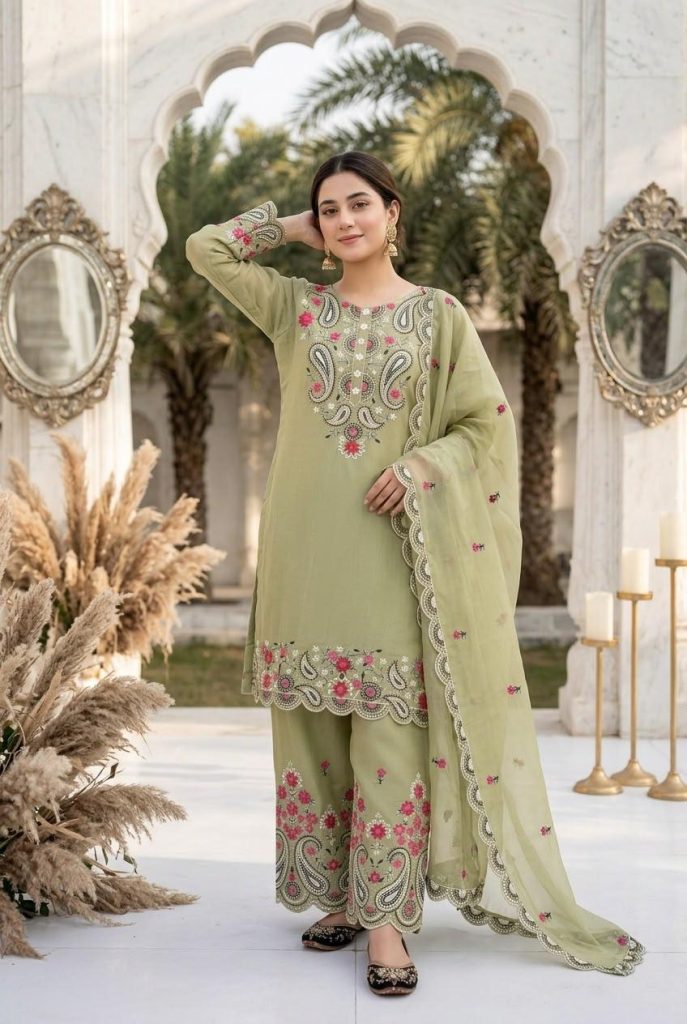 Women's Heavy Roman Silk Embroidered Palazzo Suit Set with Sequence Work & Dupatta