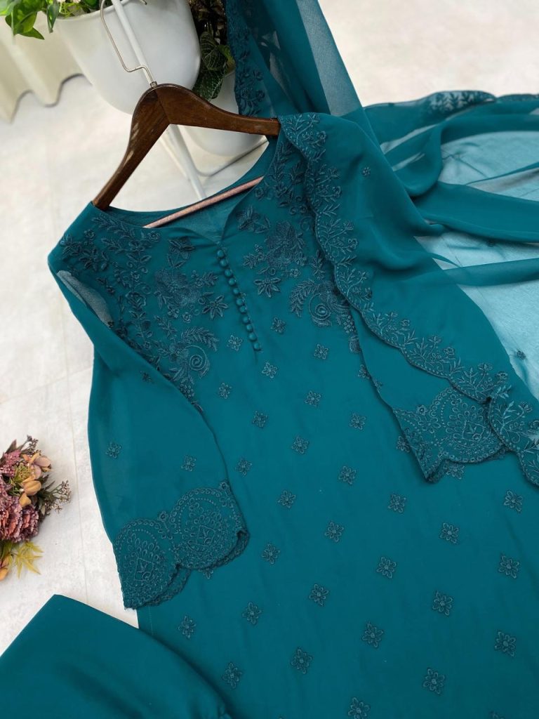 Women's Georgette Embroidered Kurta Pant Set with Embroidered Dupatta