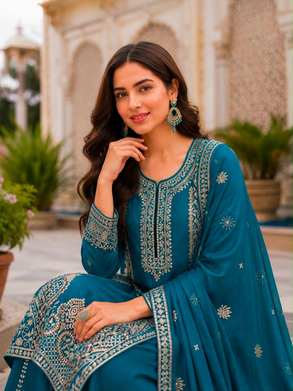 Designer Pure Chinon Silk Kurti Palazzo Set with Embroidered Dupatta for Women