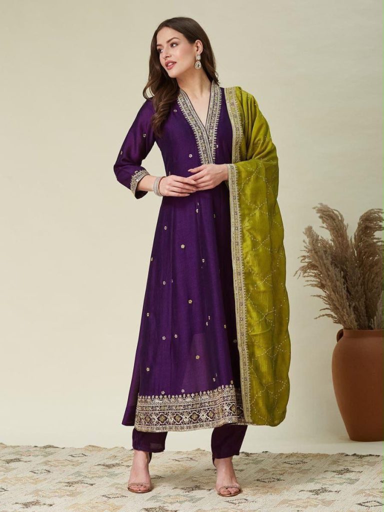 Women's Pure Vichitra Silk Gown Set with Embroidered Dupatta