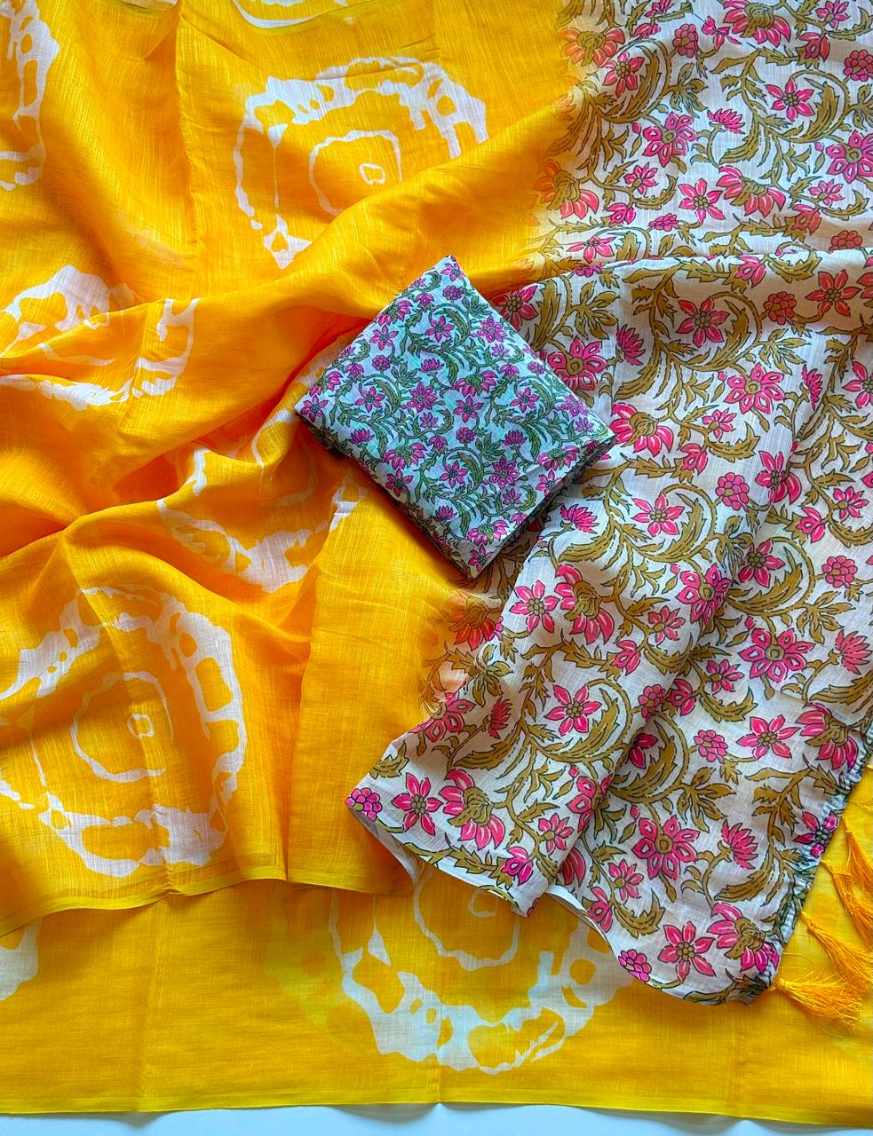 Soft Cotton Linen Floral Print Saree with Running Blouse Piece - Image 3