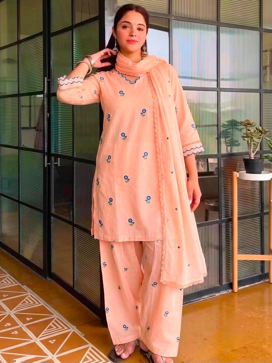 Designer Satin Mul Chanderi Farshi Palazzo Set with Embroidered Dupatta for Women