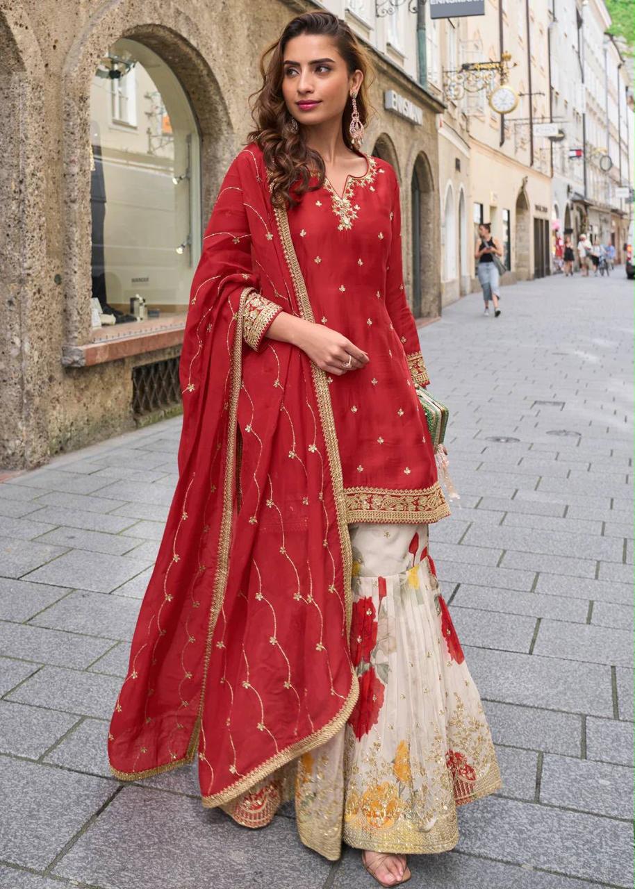 Designer Chinon Silk Sharara Suit Set with Embroidered Dupatta for Women - Image 3