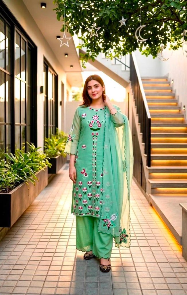 Women's Heavy Vertical Embroidered Kurti Palazzo Set with Soft Organza Dupatta