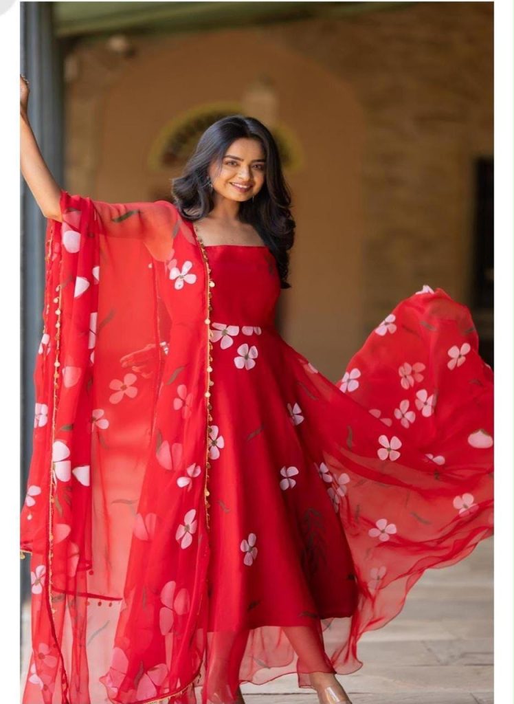 Women's Digital Printed Organza Silk Anarkali Suit Set with Butter Silk Pant & Floral Organza Dupatta