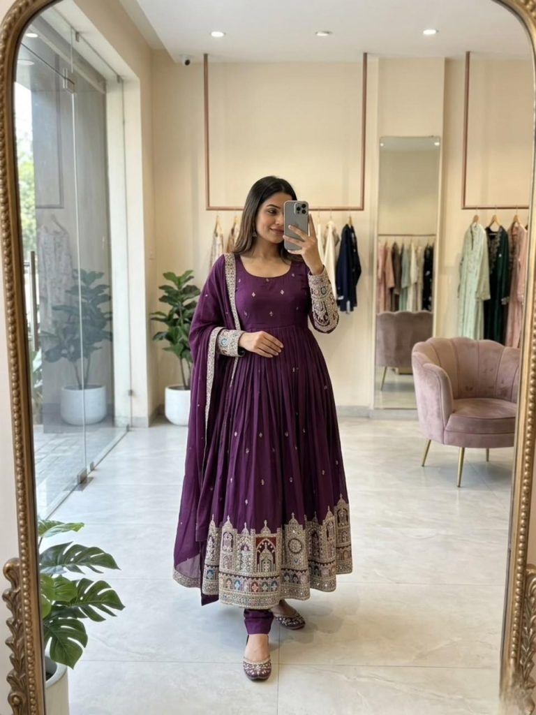 Women's Pure Chinon Silk Embroidered Gown with Pant & Dupatta Set