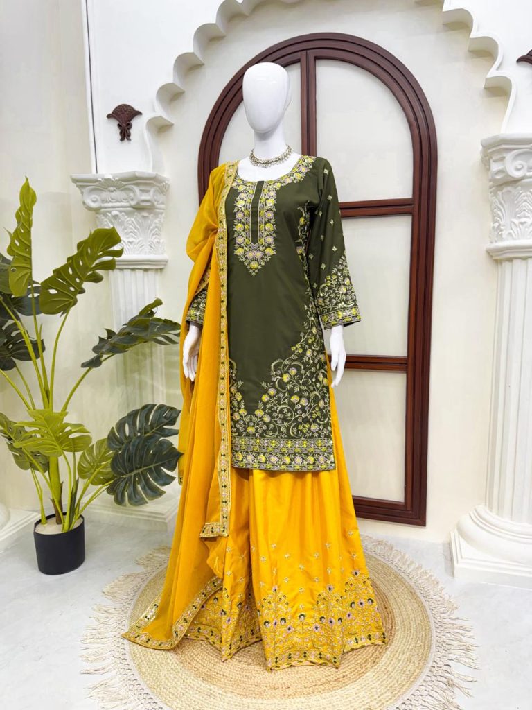 Women's Natural Crepe Embroidered Kurta Palazzo Set with Faux Georgette Dupatta