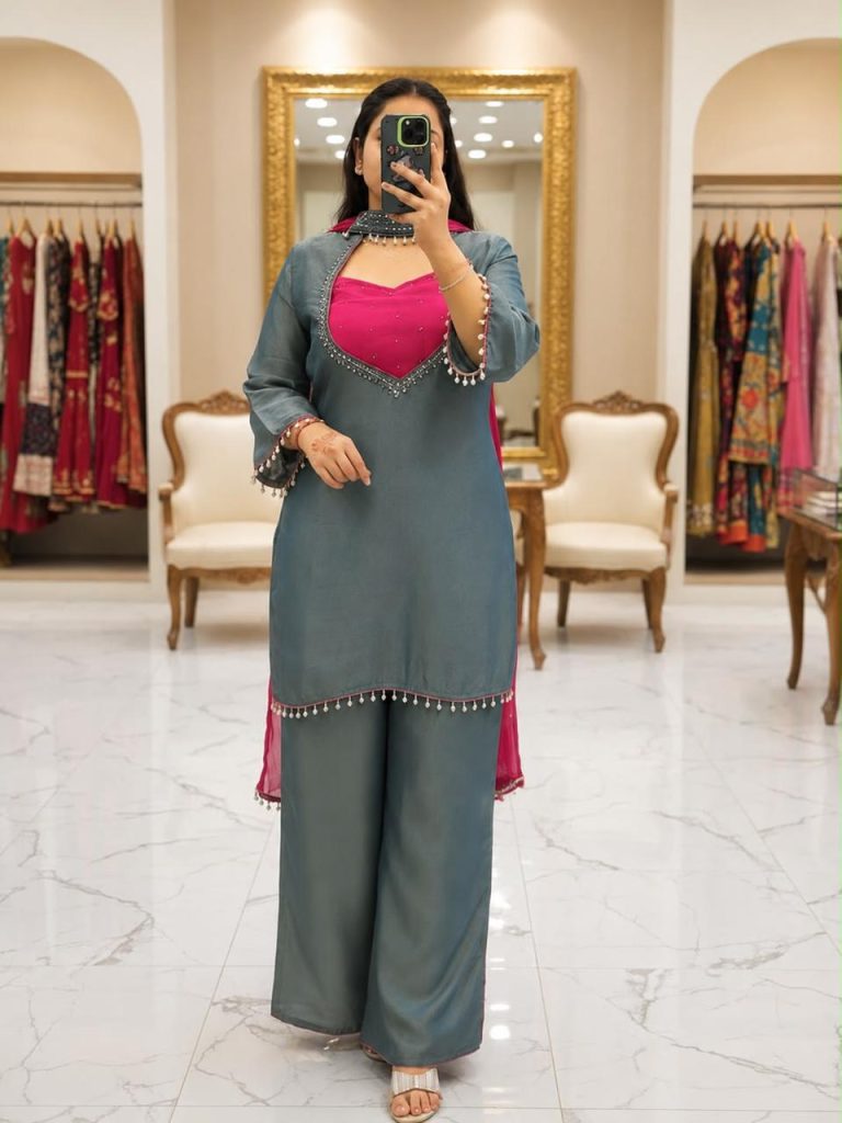 Women's Roman Glass Silk Mirror Work Kurta Palazzo Set with Fendy Silk Dupatta