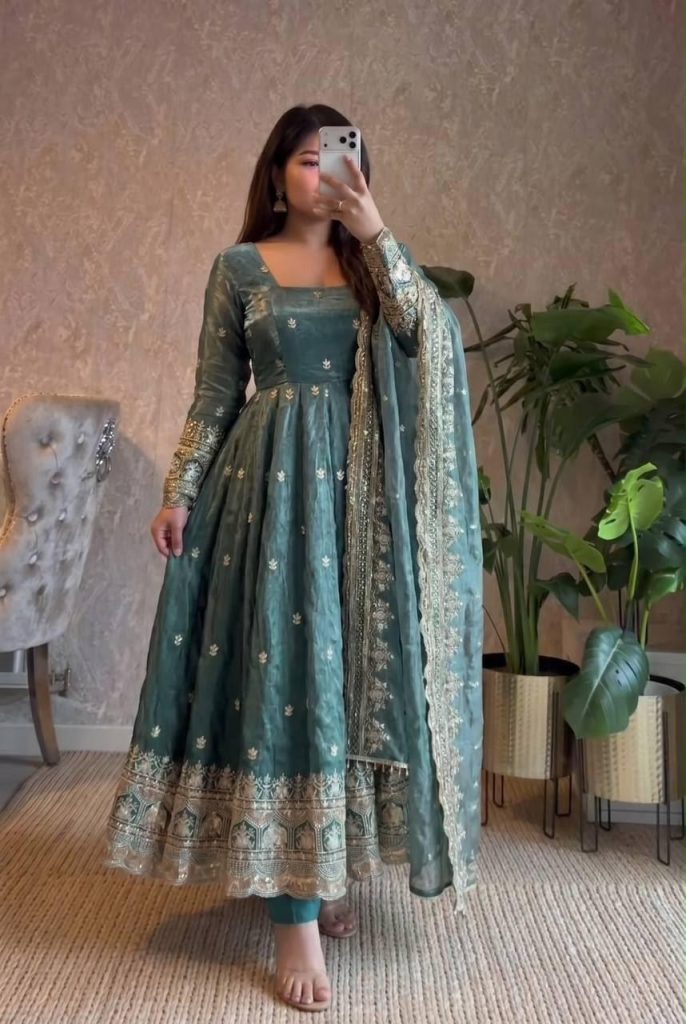 Women's Fendy Silk Embroidered Party Wear Gown Set with Pant & Dupatta