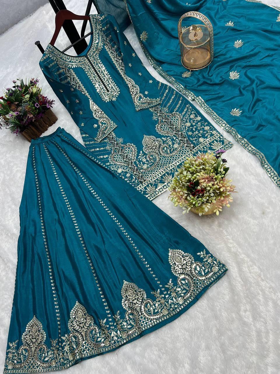 Designer Pure Chinon Silk Kurti Palazzo Set with Embroidered Dupatta for Women - Image 2