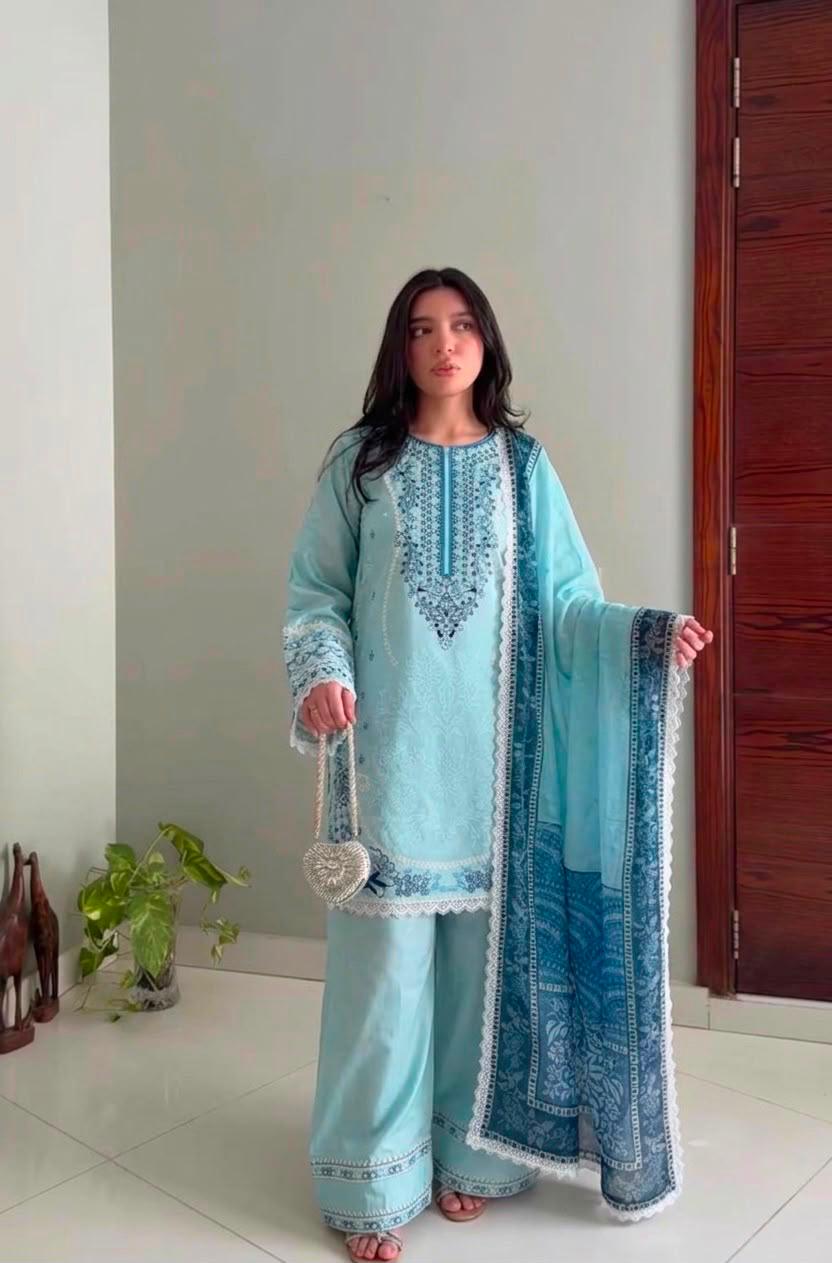 Women's Designer Satin Rayon Embroidered Kurta Farshi Palazzo Set with Printed Chiffon Dupatta - Image 4