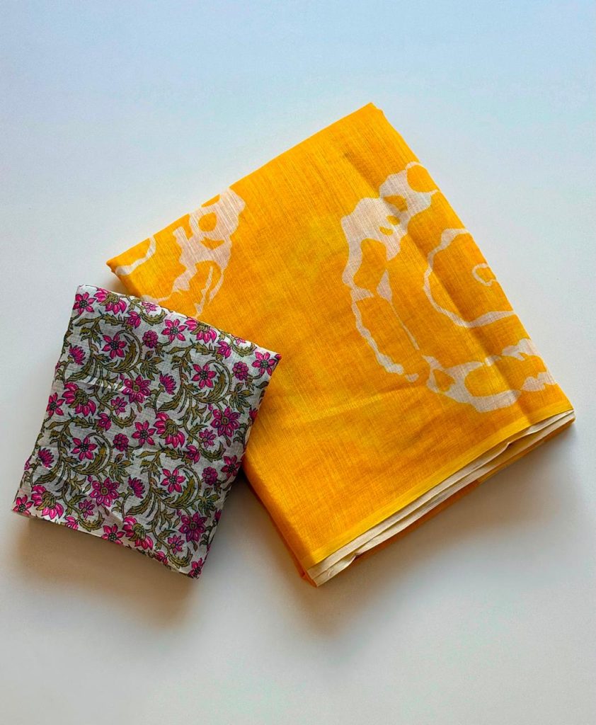 Soft Cotton Linen Floral Print Saree with Running Blouse Piece
