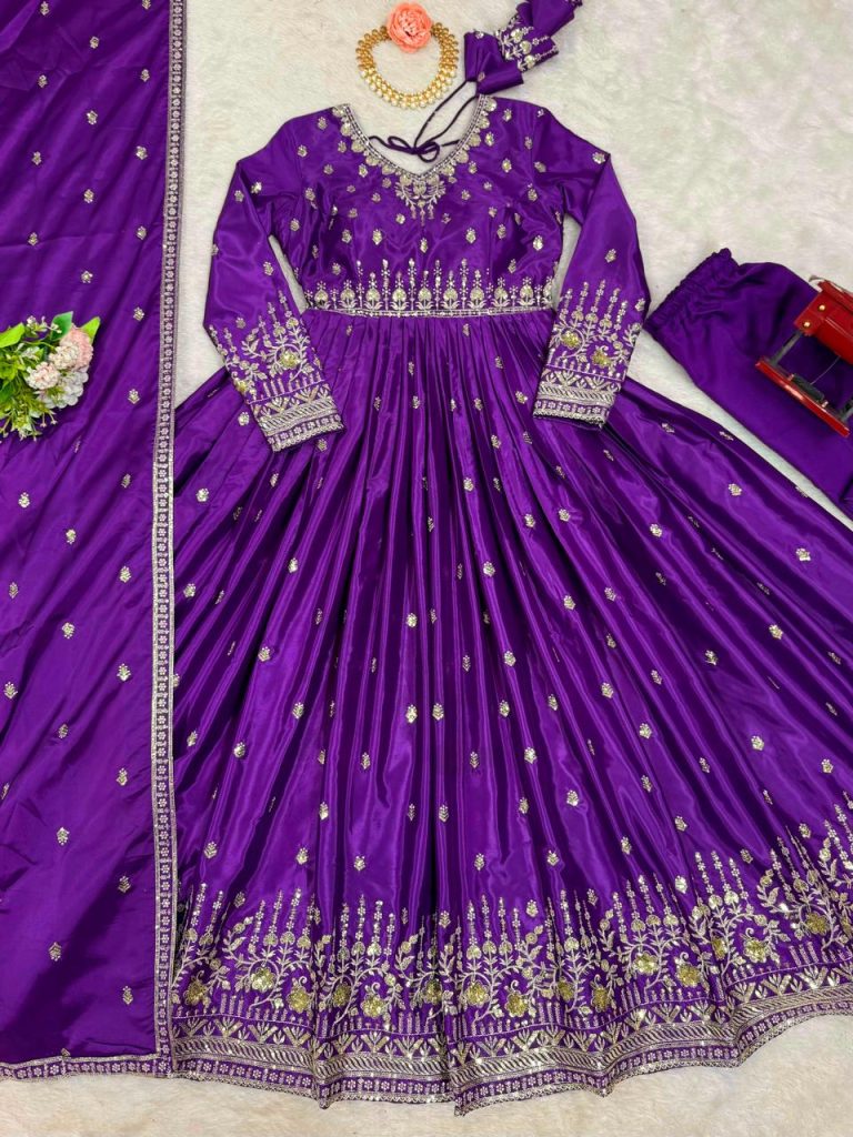 Designer American Silk Gown Set with Embroidered Dupatta for Women
