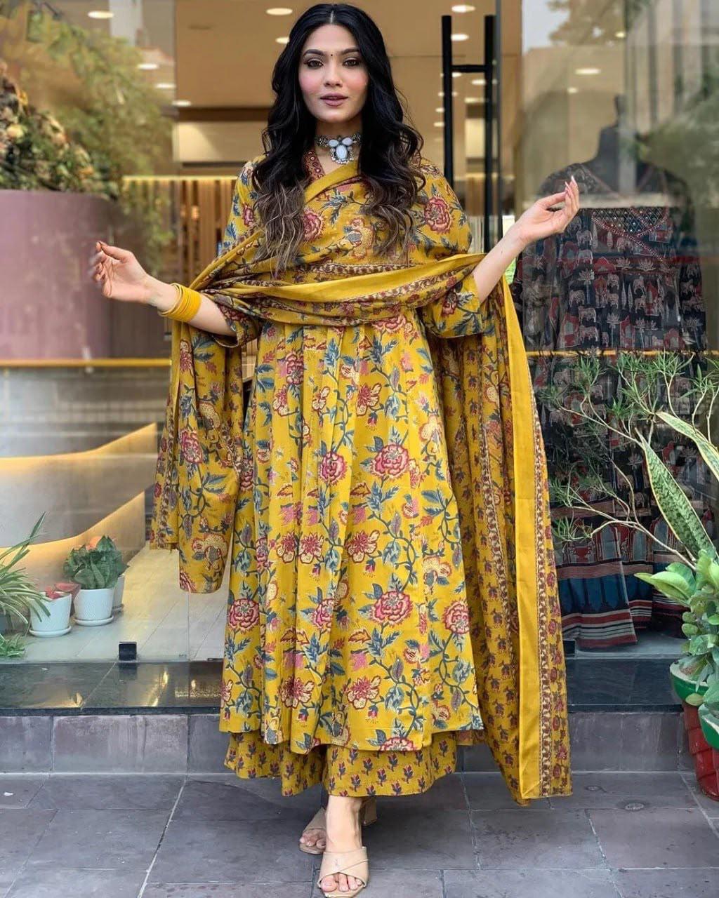 Premium A-Line Cotton Blend Printed Suit Set with Dupatta for Women