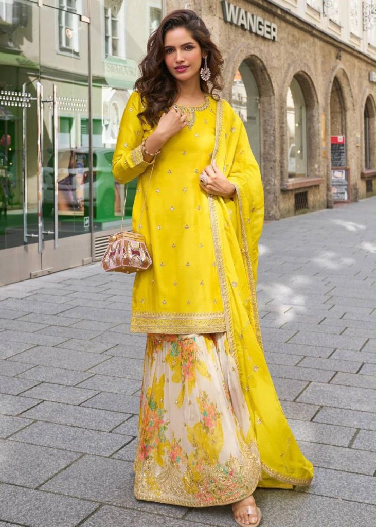 Designer Chinon Silk Sharara Suit Set with Embroidered Dupatta for Women