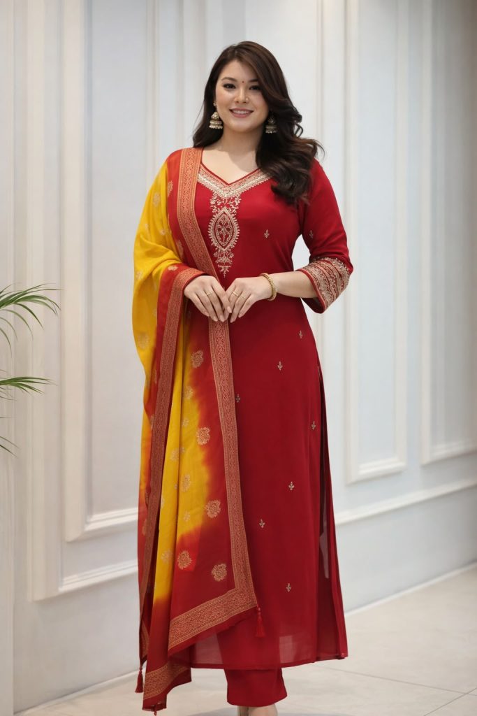 Women's Pure Berry Silk Embroidered Kurti Pant Set with Kanjivaram Silk Dupatta