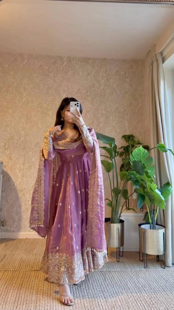 Women's Fandy Satin Silk Embroidered Gown with Pant & Dupatta Set