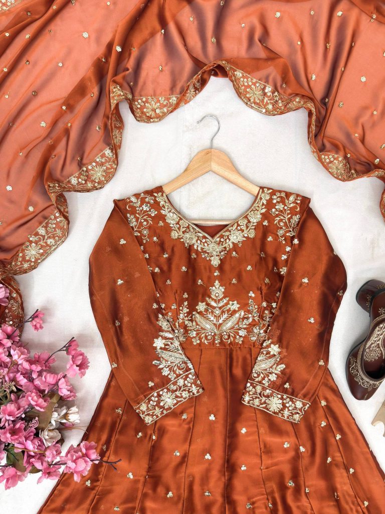 Women's Premium Rangoli Silk Embroidered Gown with Pant & Dupatta Set