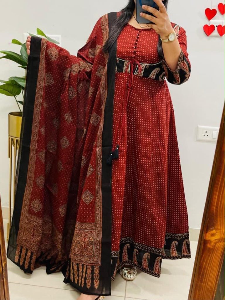 Women's Jaipuri Cotton Ajrakh Print Anarkali Suit Set with Pant & Dupatta