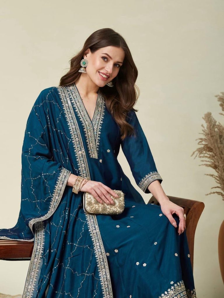 Women's Pure Vichitra Silk Gown Set with Embroidered Dupatta