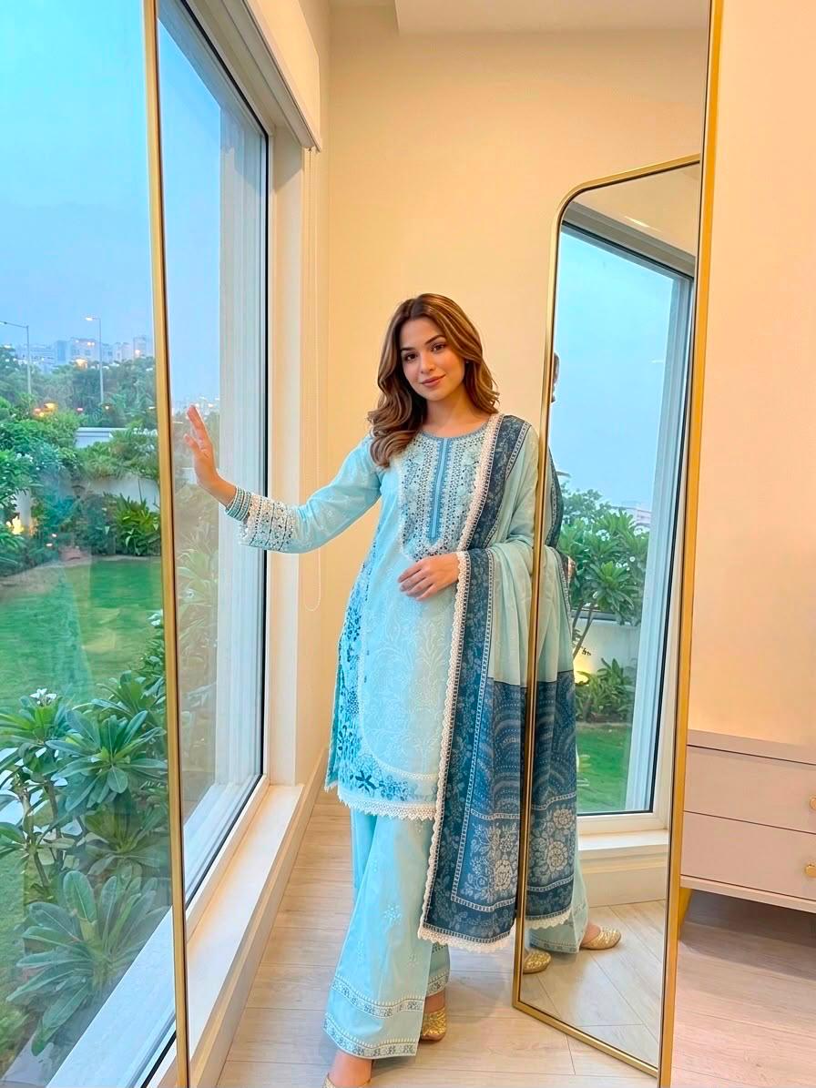 Women's Designer Satin Rayon Embroidered Kurta Farshi Palazzo Set with Printed Chiffon Dupatta - Image 3