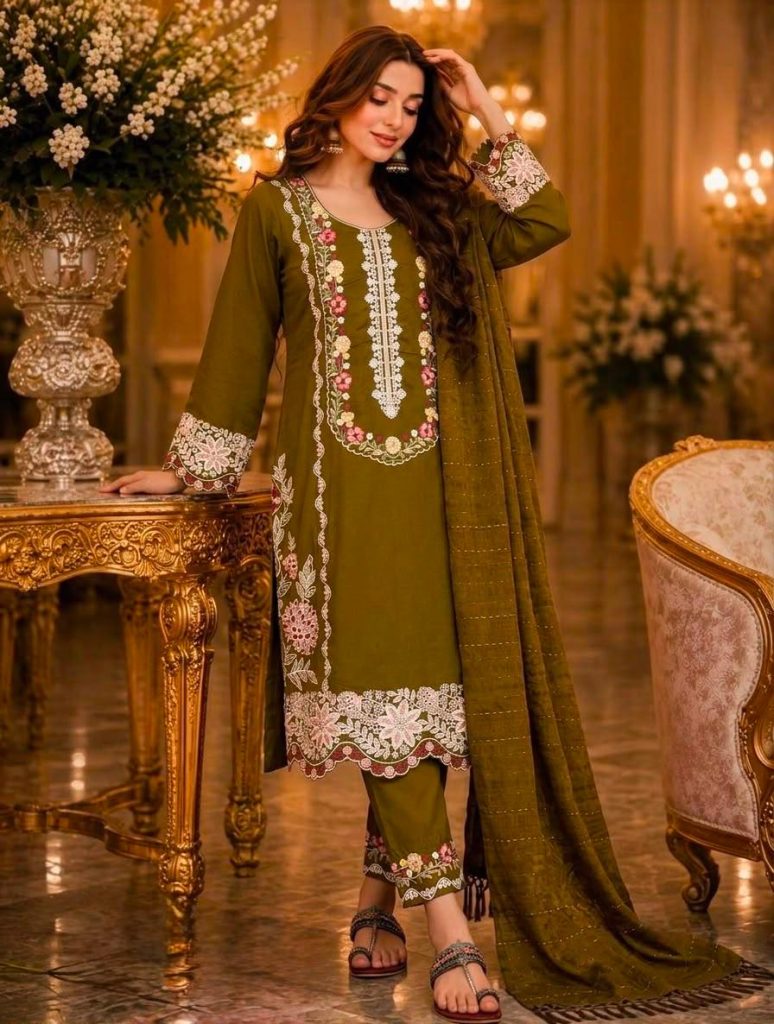 Women's Pure Satin Rayon Embroidered Kurti Pant Set with Viscose Dupatta