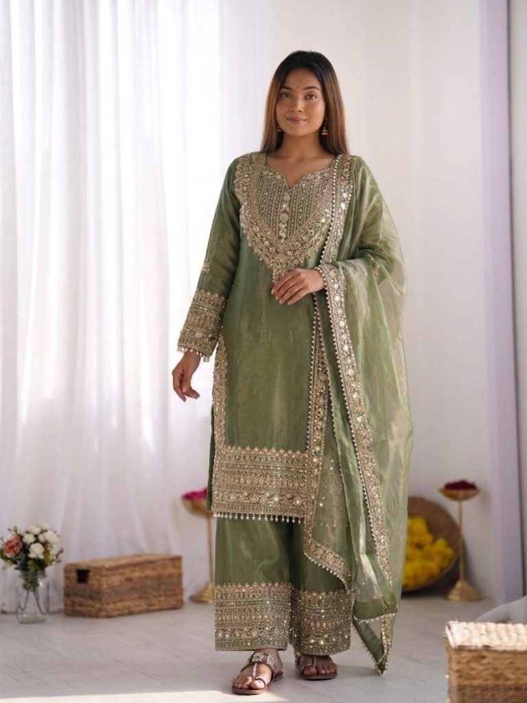Women's Fendy Silk Embroidered Kurti with Sharara & Dupatta Set