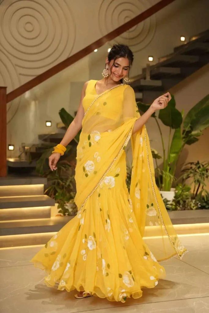 Women's Rangoli Fabric Saree with Multicolor Embroidery & Contrast Embroidered Blouse