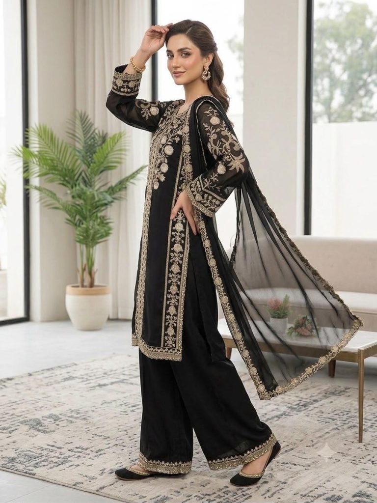 Women's Roman Fabric Sequence Embroidered Kurti Palazzo Set with Soft Organza Dupatta |