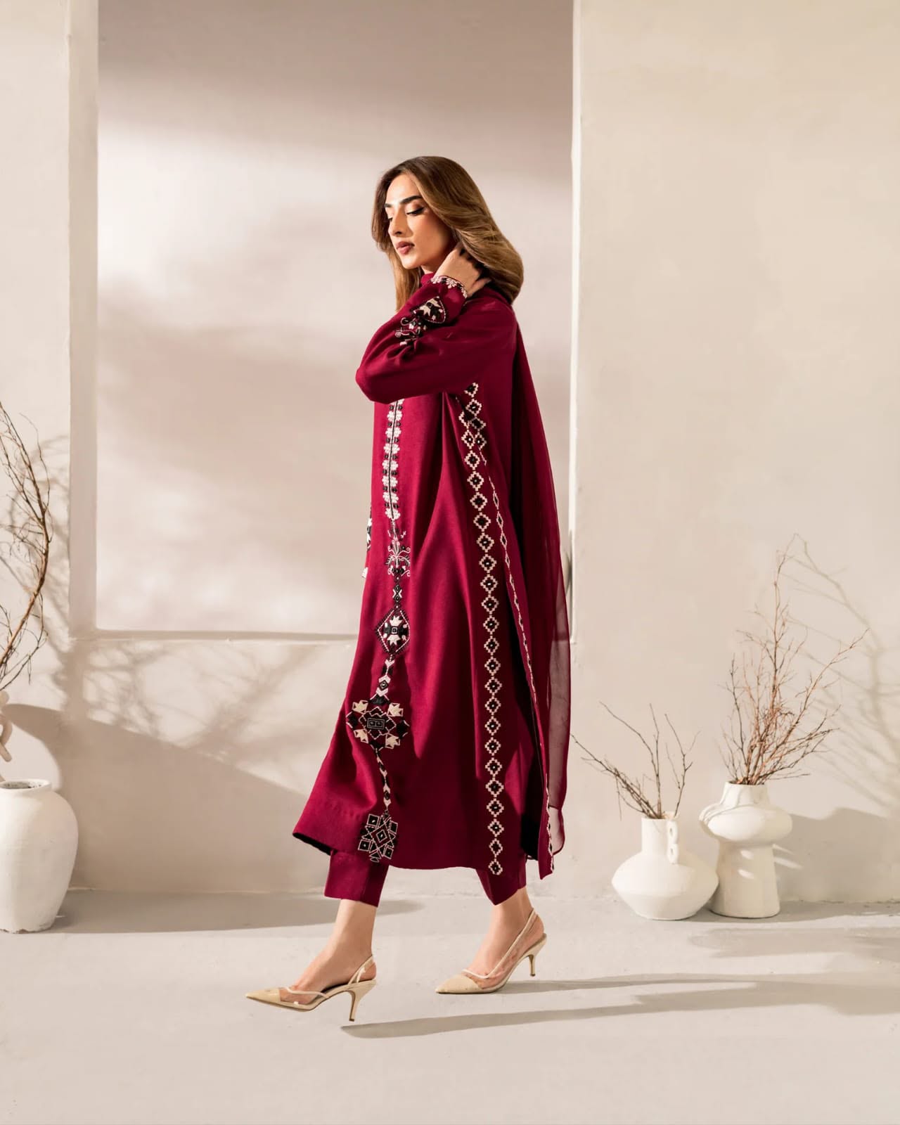 Women's Chanderi Silk Embroidered Kurta Pant & Chinon Dupatta 3-Piece Festival Set - Image 3