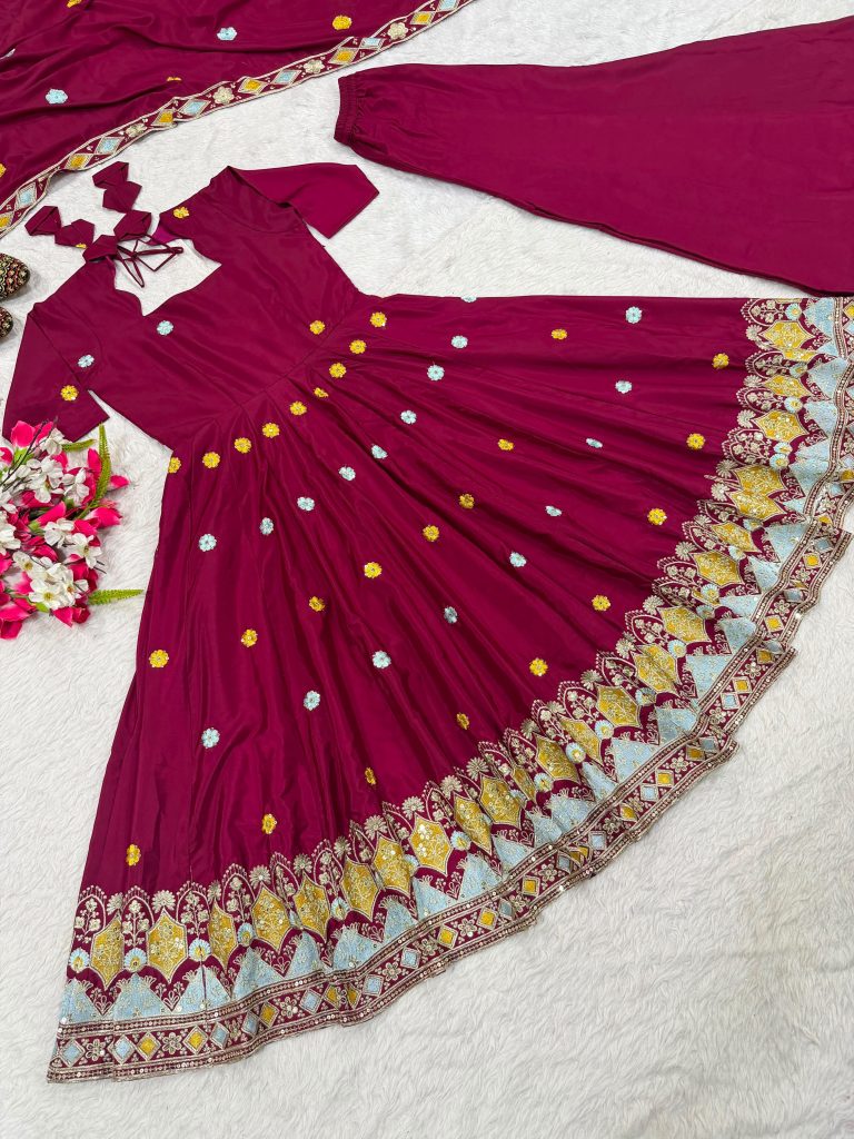 Women's Designer Embroidered Anarkali Suit with Palazzo & Dupatta – Heavy Crepe Silk Party Wear