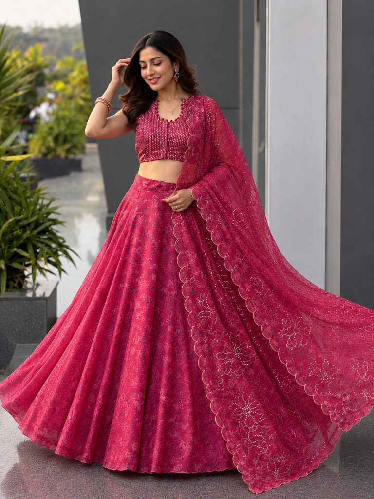 Women's Designer Digital Printed Jimmy Organza Lehenga Choli with Embroidered Dupatta & Batwa Bag